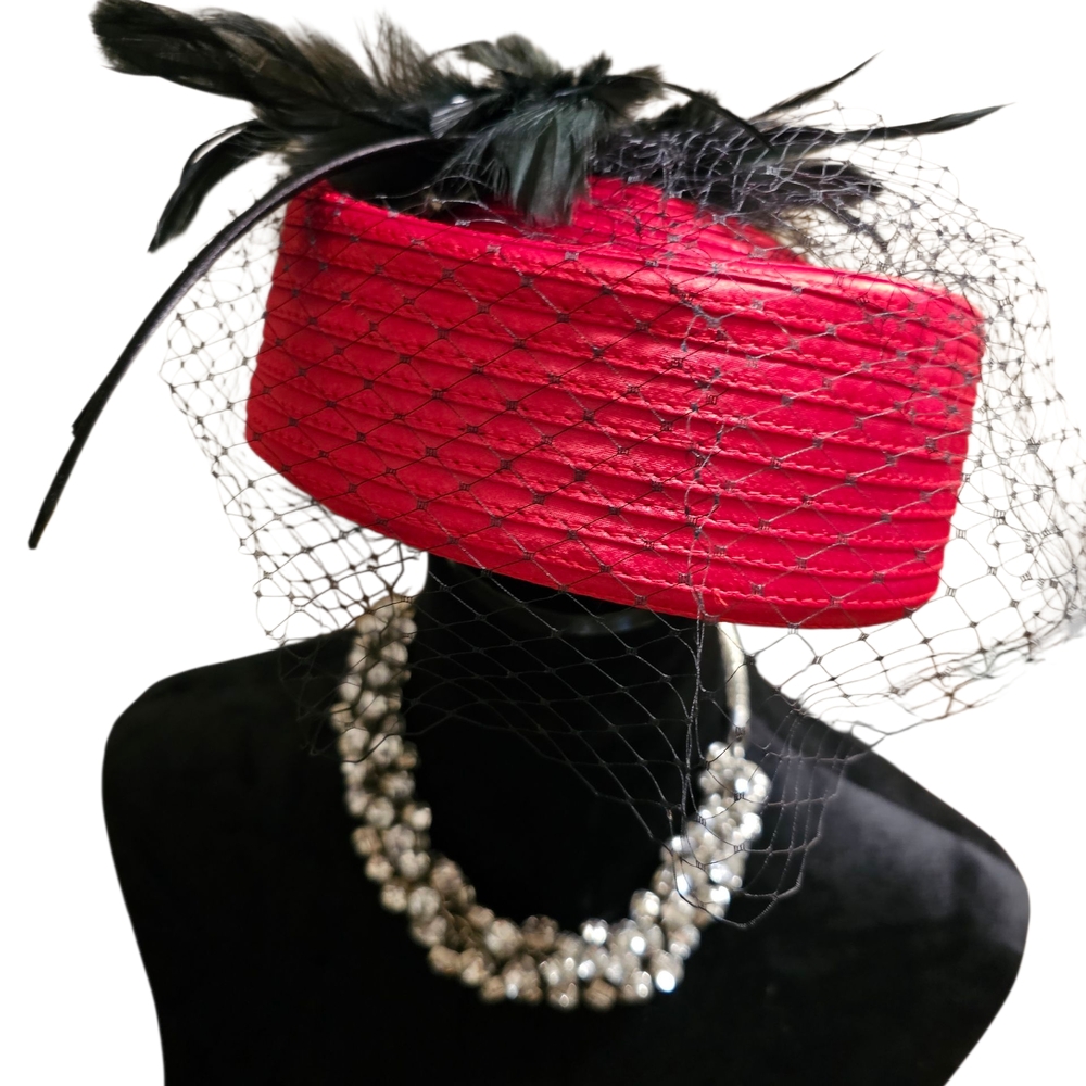 Signature Red Hat with Black Feather and Netting